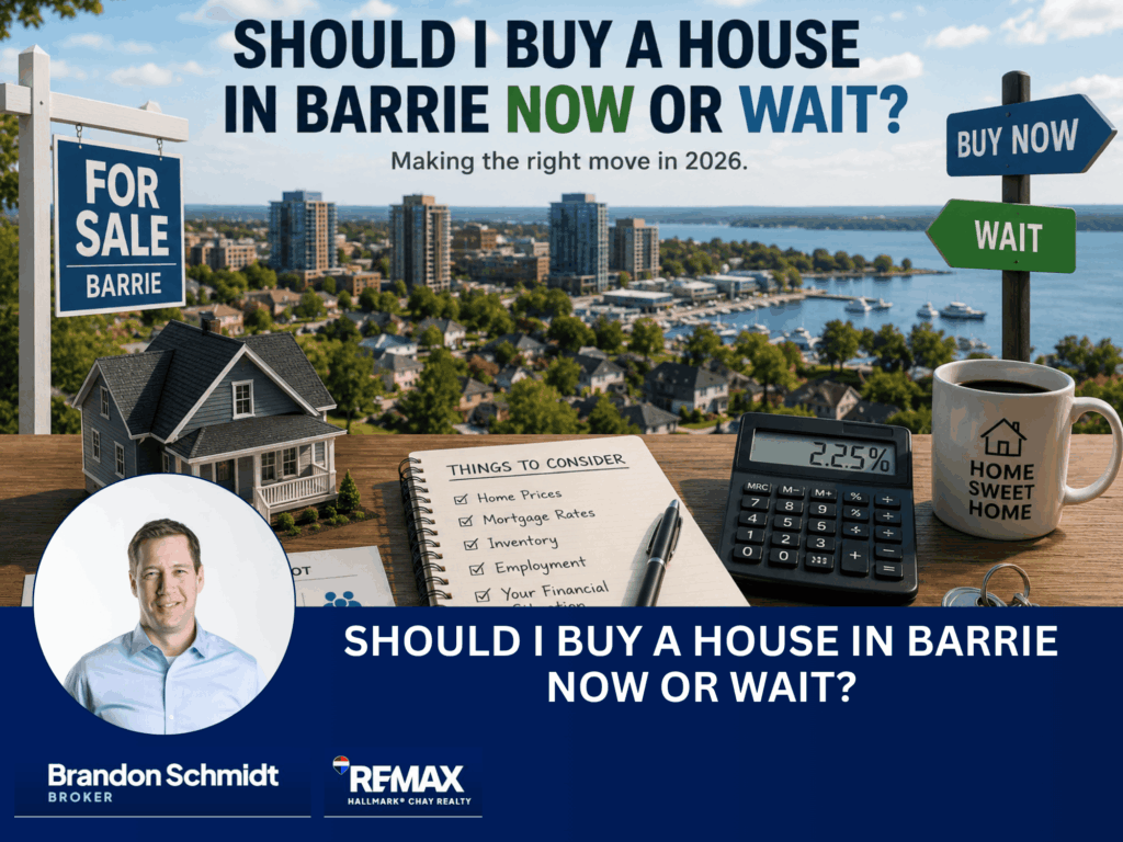 Is Now Actually a Good Time to Buy? If you're trying to decide whether to buy a house in Barrie now or wait, you're probably asking one of two questions. Will prices get cheaper? Or will mortgage rates get better? Unfortunately, nobody can guarantee either one. A better approach is to look at what the market is giving buyers today and decide whether it works for your situation. Buyers Still Have Choice Barrie had approximately 5.2 months of housing supply in July 2026. There were 191 sales, and the average property took roughly 32 days to sell. That means buyers generally have time to look around. You can compare properties. Review comparable sales. Look at inspection issues. Consider neighbourhoods. Negotiate. That is very different from a market where buyers have to make major decisions within hours. For someone ready to buy a house in Barrie, that choice has real value. What Are Barrie Homes Selling For? The average Barrie sale price in July was approximately $668,083. Detached homes averaged approximately $733,488, while condominium apartments averaged approximately $524,033. The city's composite benchmark was $628,600. Those are averages, not price tags. A good house in a desirable neighbourhood can still attract stronger interest, while an overpriced property can sit. That's why comparable sales matter more than the city-wide average when you're evaluating a particular home. What If Prices Fall More? They might. Barrie's benchmark price remained roughly 7.1% below July 2025. So nobody should tell you prices can't go lower. But waiting also carries a risk. If prices stabilize while mortgage conditions improve, more buyers could return. That could mean less negotiating power and more competition. Trying to buy a house in Barrie at the exact market bottom sounds great in theory. In practice, nobody knows where the bottom was until afterwards. What About Mortgage Rates? The Bank of Canada's overnight rate is currently 2.25%. The important number for you, however, is the mortgage rate you're actually offered and what that payment looks like within your budget. Don't buy because you think rates are about to fall. And don't wait solely because someone predicts they will. Run the numbers using today's payment. If the property only works financially if rates become dramatically cheaper, that's useful information. Your Employment Matters More Than Canada's Canada added about 75,000 jobs in July, while unemployment fell to 6.4%. That's encouraging, but your own situation matters much more. Before you buy a house in Barrie, ask yourself whether your income is stable, whether the payment is comfortable and whether you'll still have savings after closing. Owning a home shouldn't leave you one furnace replacement away from financial trouble. Don't Confuse Cheap With Good Value A property isn't automatically a good purchase because the seller reduced it by $50,000. Look at the condition. Look at the location. Look at major future repairs. Look at resale appeal. A $625,000 house needing $100,000 in improvements may offer less value than a $675,000 house that is ready to move into. When you buy a house in Barrie, the goal shouldn't simply be finding the lowest price. It should be finding the best value for your needs and budget. So Should You Buy or Wait? If your finances aren't ready, waiting makes sense. If your employment feels uncertain, waiting may make sense. If you're planning to move again next year, today's market risk matters more. But if your finances are stable, you're planning to stay for several years and you find the right property at a price supported by comparable sales, today's market gives buyers something valuable: negotiating power. That may disappear before anyone officially announces that the market has recovered. The Bottom Line If you're deciding whether to buy a house in Barrie, don't make the decision based entirely on a prediction about the next six months. Barrie prices are lower than last year, inventory remains substantial and buyers currently have meaningful choice. Know your numbers. Understand what the property is actually worth. Negotiate. And buy because the house and the payment make sense for you — not because somebody told you they know where the market is going next.